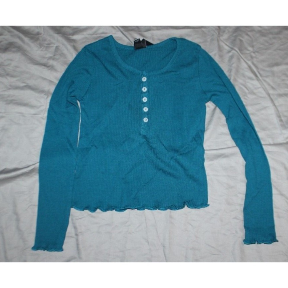 Art Class Girl's Size L 10/12 long Sleeve Ribbed Henley T-Shirt teal blue
